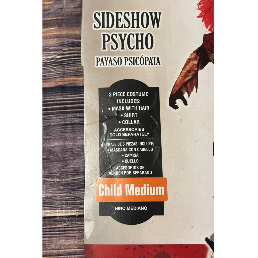 Sideshow Psycho Clown Costume Boys M (8-10) Shirt Mask Halloween Scary